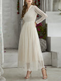 Momentlover Solid Color See-Through Gauze Buttoned Long Sleeves High Waisted V-Neck Maxi Dresses