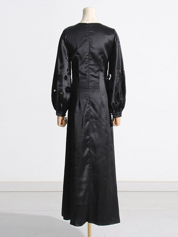 Momentlover Solid Color Hollow Puff Sleeves Loose Round-Neck Maxi Dresses