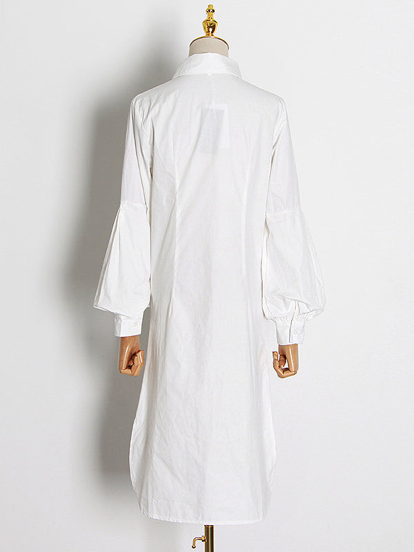 Momentlover Simple Flared Sleeves Loose Solid Color Lapel Collar Midi Dresses