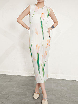 Momentlover Pleated Flower Print Sleeveless Loose Round-Neck Midi Dresses