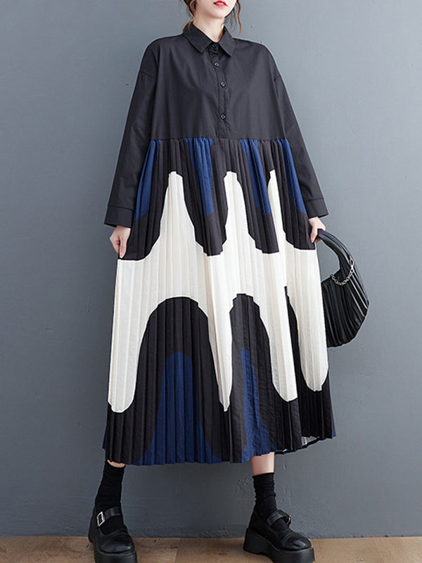 Momentlover Split-Joint Printing Pleated Contrast Color Loose Long Sleeves Polo Midi Dresses