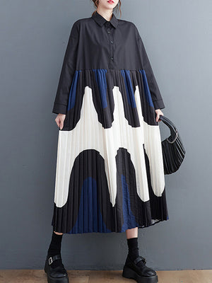 Momentlover Split-Joint Printing Pleated Contrast Color Loose Long Sleeves Polo Midi Dresses