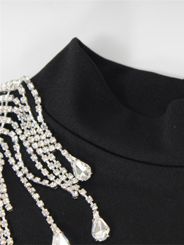 Momentlover Tasseled Split-side Back Cross Skinny Long Sleeves High Neck Midi Dresses Evening Dresses