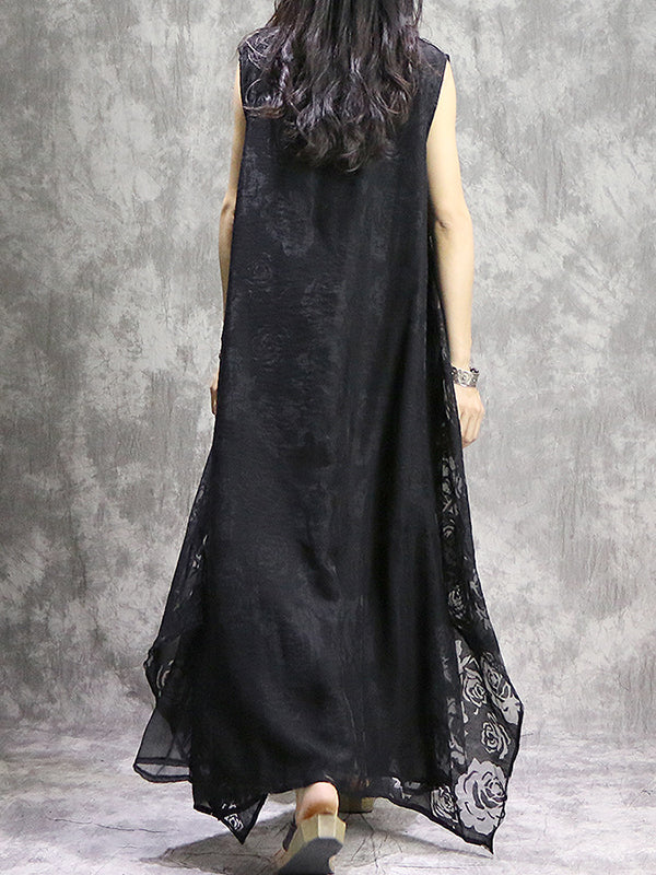 Momentlover Solid Color Flower Print Sleeveless Loose V-Neck Midi Dresses