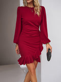 Momentlover Split-Joint Solid Color Pleated Puff Sleeves Loose Round-Neck Mini Dresses