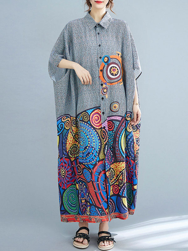 Momentlover Printed Loose Batwing Sleeves Lapel Midi Dresses