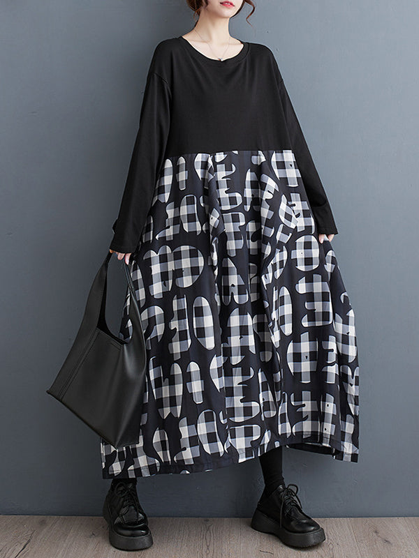 Momentlover Split-Joint Ruffled Printed Loose Long Sleeves Round-Neck Midi Dresses