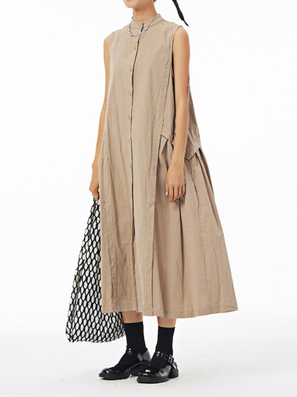 Momentlover Solid Color Pleated Sleeveless Loose Stand Collar Shirt Dress Midi Dresses
