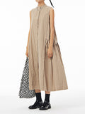 Momentlover Solid Color Pleated Sleeveless Loose Stand Collar Shirt Dress Midi Dresses