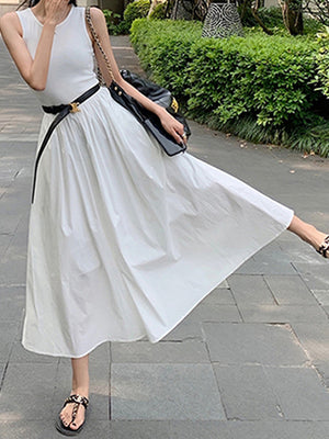 Momentlover Split-Joint Solid Color Pockets Pleated Sleeveless High Waisted Round-Neck Midi Dresses