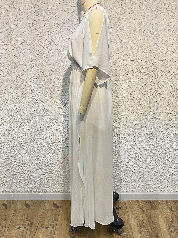 Momentlover Split-front Solid Color Loose Batwing Sleeves Deep V-Neck Maxi Dresses