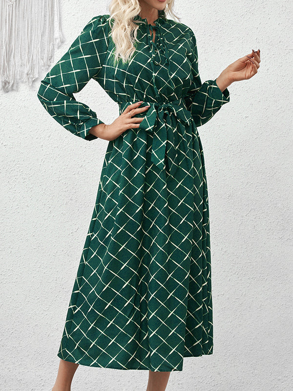 Momentlover Tied Waist Split-Joint Pleated Lace-Up Puff Sleeves Loose Stand Collar Midi Dresses