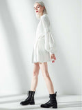 Momentlover Vacation Long Sleeves Puff Sleeves Embroidered Solid Color Stand Collar Mini Dresses