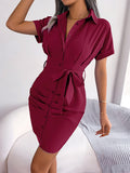 Momentlover Solid Color Pleated Bandage Short Sleeves Lapel Mini Dresses