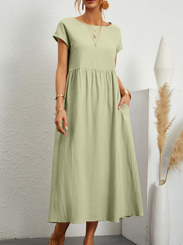 Momentlover Solid Color Pleated Short Sleeves Loose Round-Neck Midi Dresses