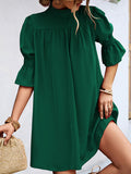 Momentlover Solid Color Falbala Loose Half Sleeves Stand Collar Mini Dresses