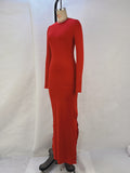 Momentlover Split-Side Solid Color Long Sleeves Bodycon Round-Neck Maxi Dresses