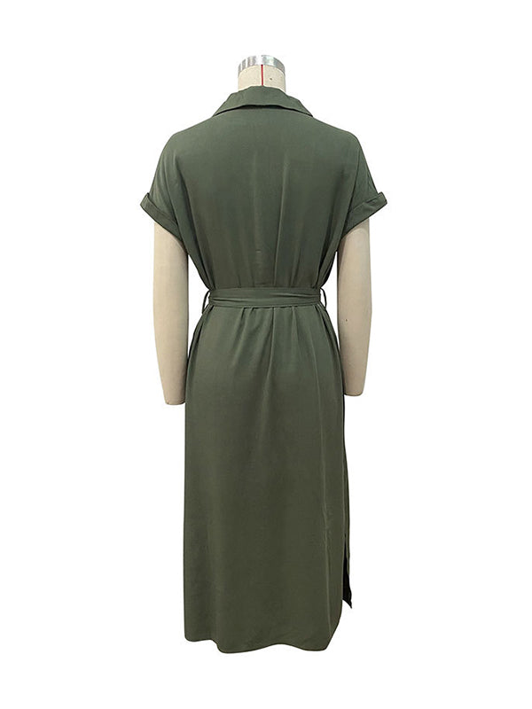 Momentlover Solid Color Ribbed Short Sleeves Loose Lapel Midi Dresses