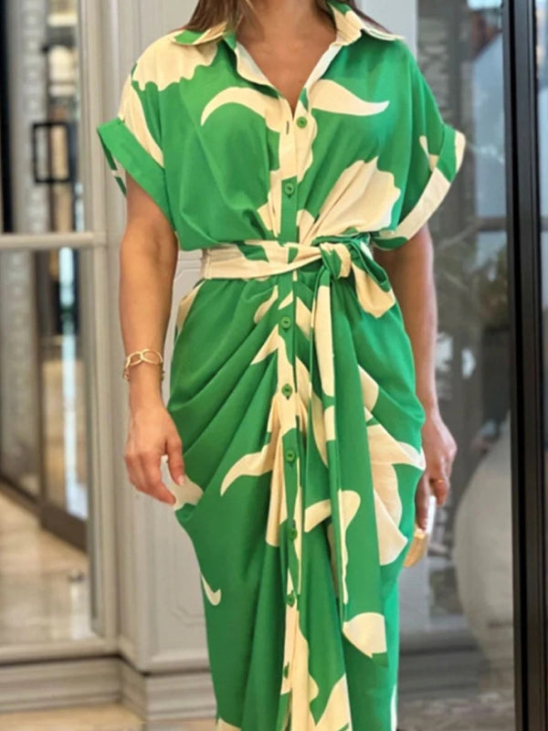 Momentlover Tied Waist Flower Print Buttoned Short Sleeves High Waisted Lapel Shirt Dress Maxi Dresses