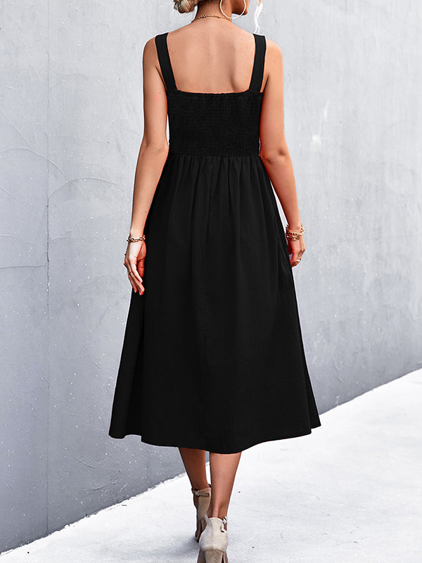 Momentlover Split-Joint Solid Color Pleated Sleeveless High Waisted U-Neck Midi Dresses