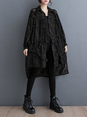 Momentlover Tasseled Split-side Split-Joint Solid Color Flower Print Buttoned Loose Long Sleeves Lapel Midi Dresses