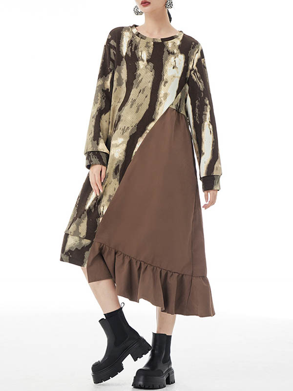 Momentlover Split-Joint Ruffled Contrast Color Asymmetric Loose Long Sleeves Round-Neck Midi Dresses