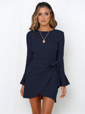 Momentlover Simple Long Sleeves Skinny Tied Falbala Solid Color Round-Neck Mini Dresses
