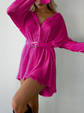 Momentlover Tied Waist Solid Color Pleated Buttoned Long Sleeves Lapel Shirt Dress Mini Dresses
