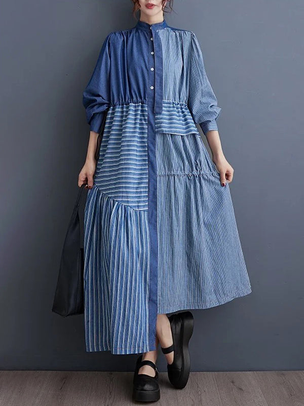 Momentlover Tied Waist Striped Split-Joint Contrast Color Buttoned Asymmetric Loose Long Sleeves Mock Neck Midi Dresses