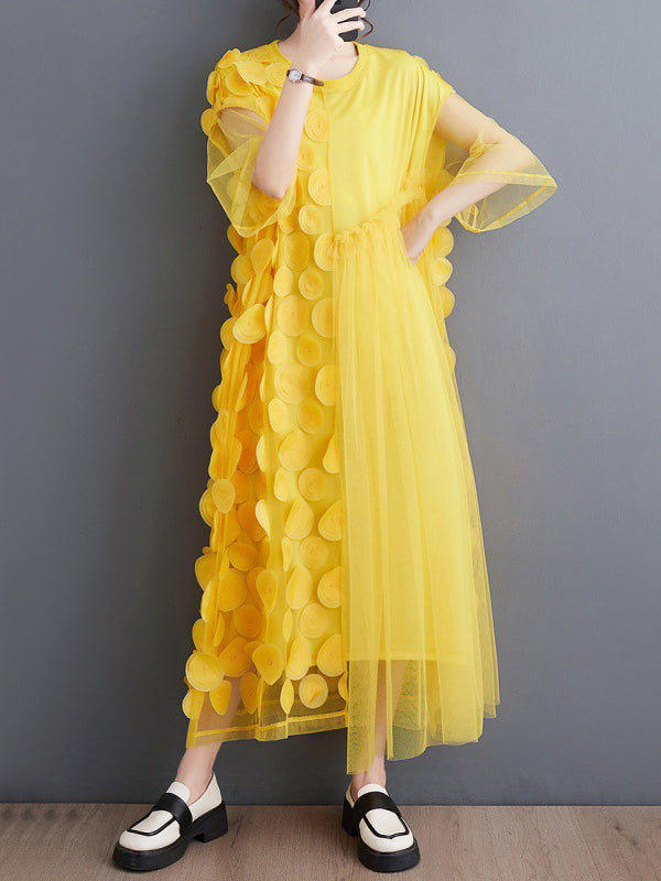 Momentlover Split-Joint Gauze Asymmetric Short Sleeves Loose Round-Neck Midi Dresses