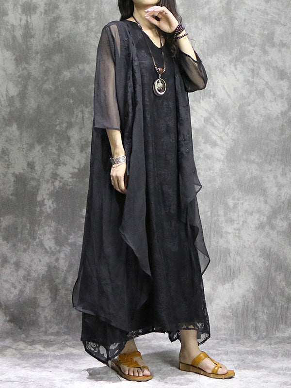 Momentlover Solid Color Flower Print Sleeveless Loose V-Neck Midi Dresses