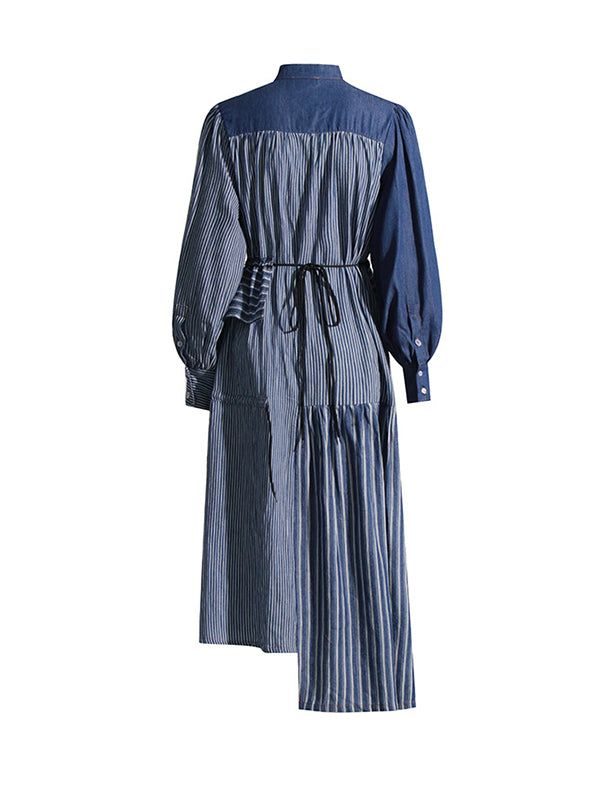 Momentlover Tied Waist Striped Split-Joint Contrast Color Buttoned Asymmetric Loose Long Sleeves Mock Neck Midi Dresses