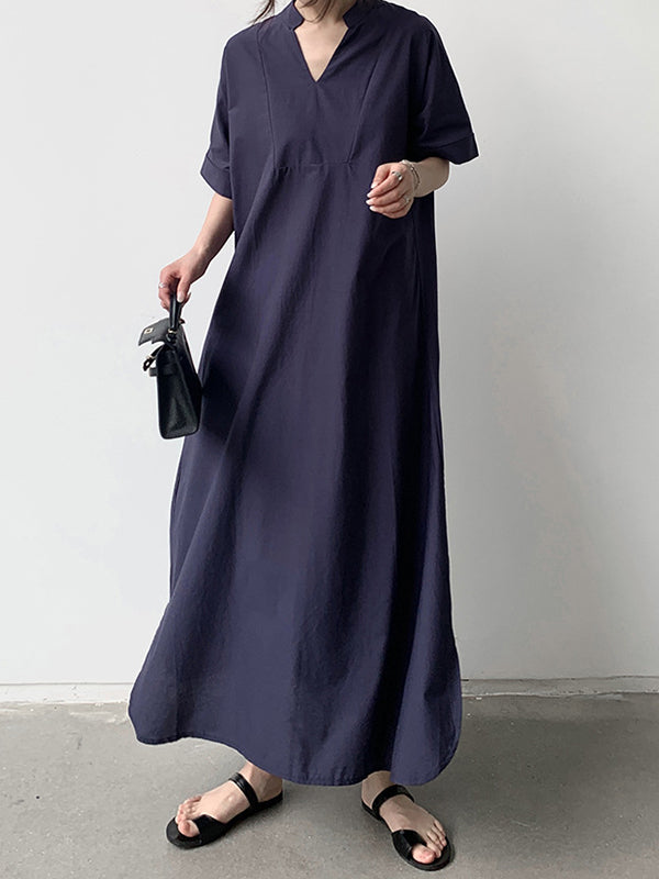 Momentlover Solid Color Short Sleeves Loose V-Neck Maxi Dresses