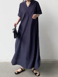 Momentlover Solid Color Short Sleeves Loose V-Neck Maxi Dresses
