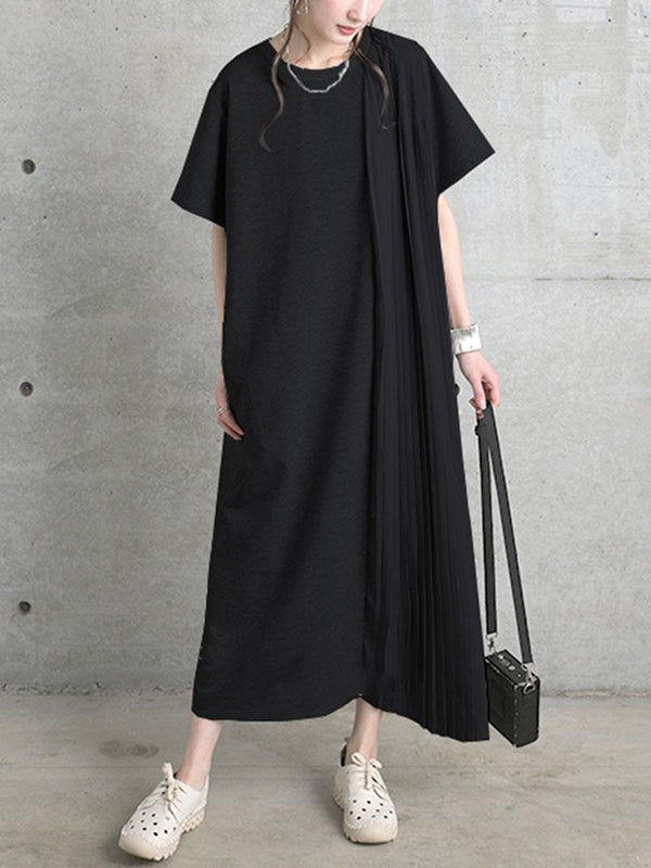 Momentlover Split-Joint Solid Color Pleated Short Sleeves Loose Round-Neck Midi Dresses