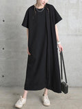 Momentlover Split-Joint Solid Color Pleated Short Sleeves Loose Round-Neck Midi Dresses