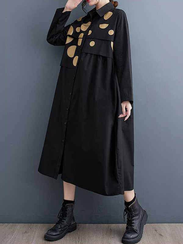Momentlover Split-Joint Polka Dot Buttoned Asymmetric Loose Long Sleeves Lapel Midi Dresses