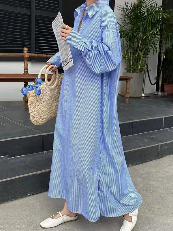Momentlover Striped Loose Long Sleeves Lapel Shirt Dress Midi Dresses