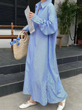 Momentlover Striped Loose Long Sleeves Lapel Shirt Dress Midi Dresses