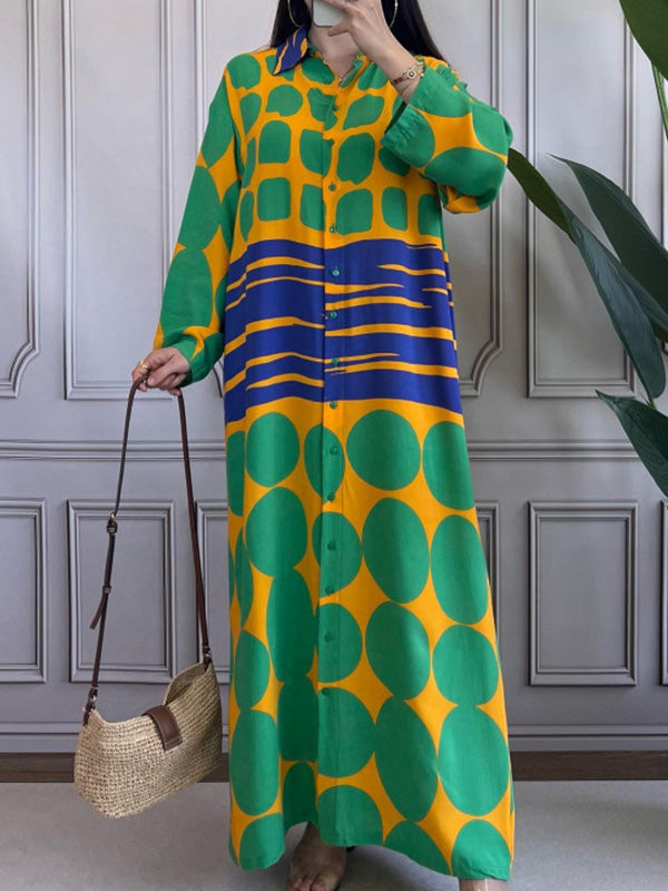 Momentlover Printed Buttoned Loose Long Sleeves Lapel Shirt Dress Maxi Dresses