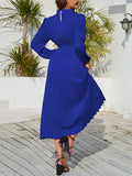 Momentlover Tied Waist Solid Color Pleated Hollow Long Sleeves High Waisted Mock Neck Midi Dresses