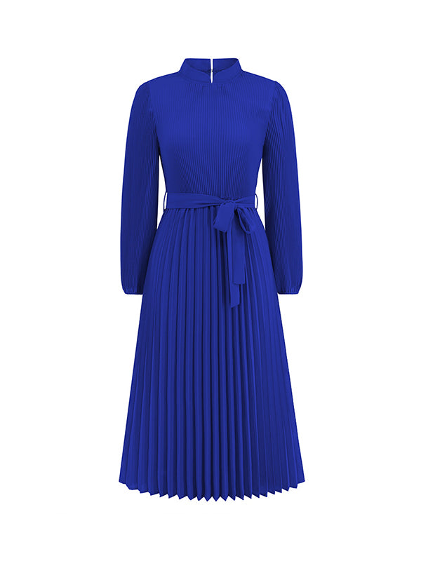 Momentlover Tied Waist Solid Color Pleated Hollow Long Sleeves High Waisted Mock Neck Midi Dresses