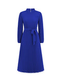 Momentlover Tied Waist Solid Color Pleated Hollow Long Sleeves High Waisted Mock Neck Midi Dresses