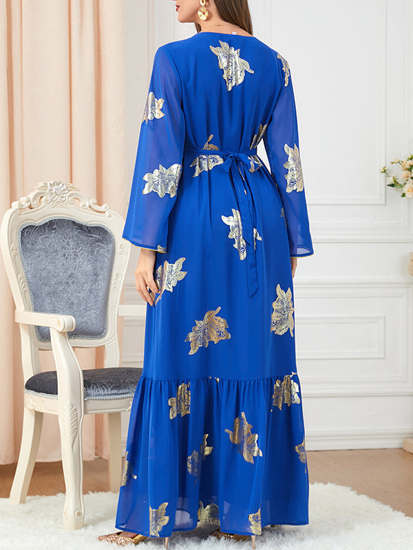 Momentlover Tied Waist Split-Joint Split-Front Printed Pleated Loose Long Sleeves V-Neck Maxi Dresses