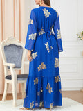 Momentlover Tied Waist Split-Joint Split-Front Printed Pleated Loose Long Sleeves V-Neck Maxi Dresses