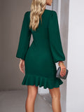 Momentlover Split-Joint Solid Color Pleated Puff Sleeves Loose Round-Neck Mini Dresses