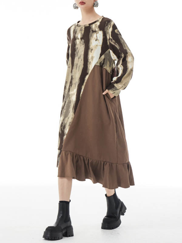 Momentlover Split-Joint Ruffled Contrast Color Asymmetric Loose Long Sleeves Round-Neck Midi Dresses