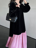 Momentlover Velvet Split-Joint Ruffled Pleated Contrast Color Loose Long Sleeves Round-Neck Midi Dresses