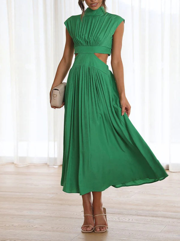 Momentlover Solid Color Pleated Belly-Hollow Cap Sleeve Stand Collar Maxi Dresses