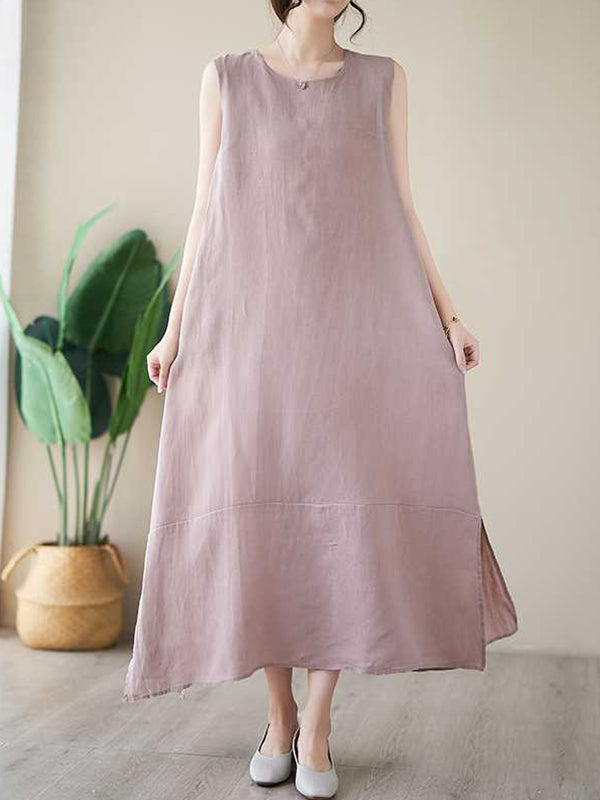 Momentlover Solid Color Sleeveless Loose Round-Neck Midi Dresses